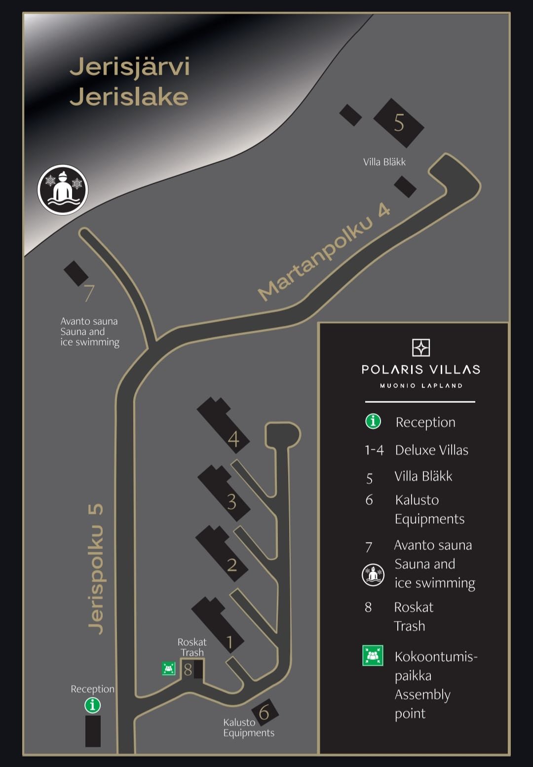 Map of Polaris Villas in Muonio Lapland showing location of deluxe villas, Villa Bläck, Kalusto equipment, sauna and ice swimming area, trash disposal, and assembly point.