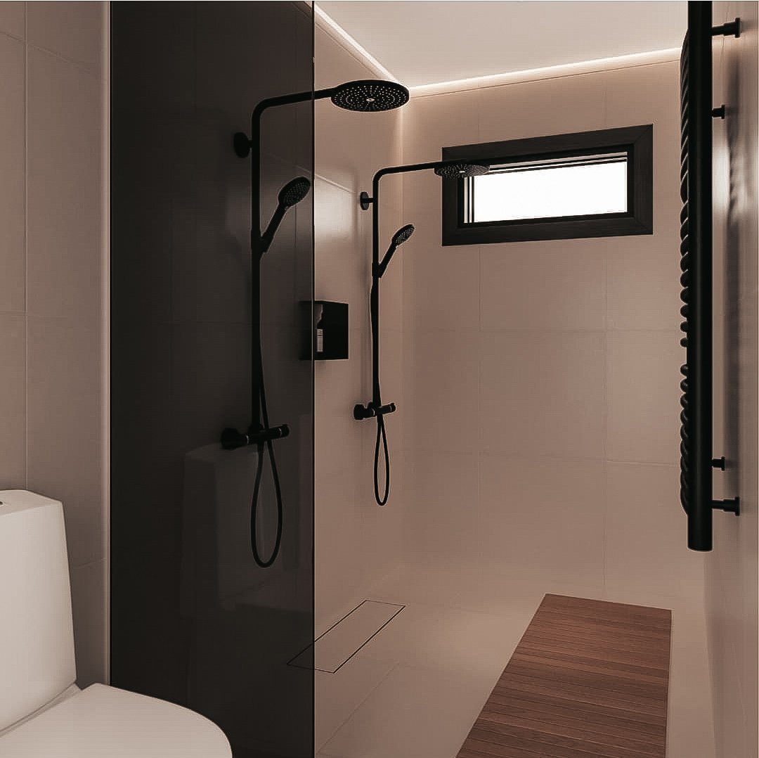 Modern bathroom with a walk-in shower featuring two black shower heads, a small black window, and minimalist design.